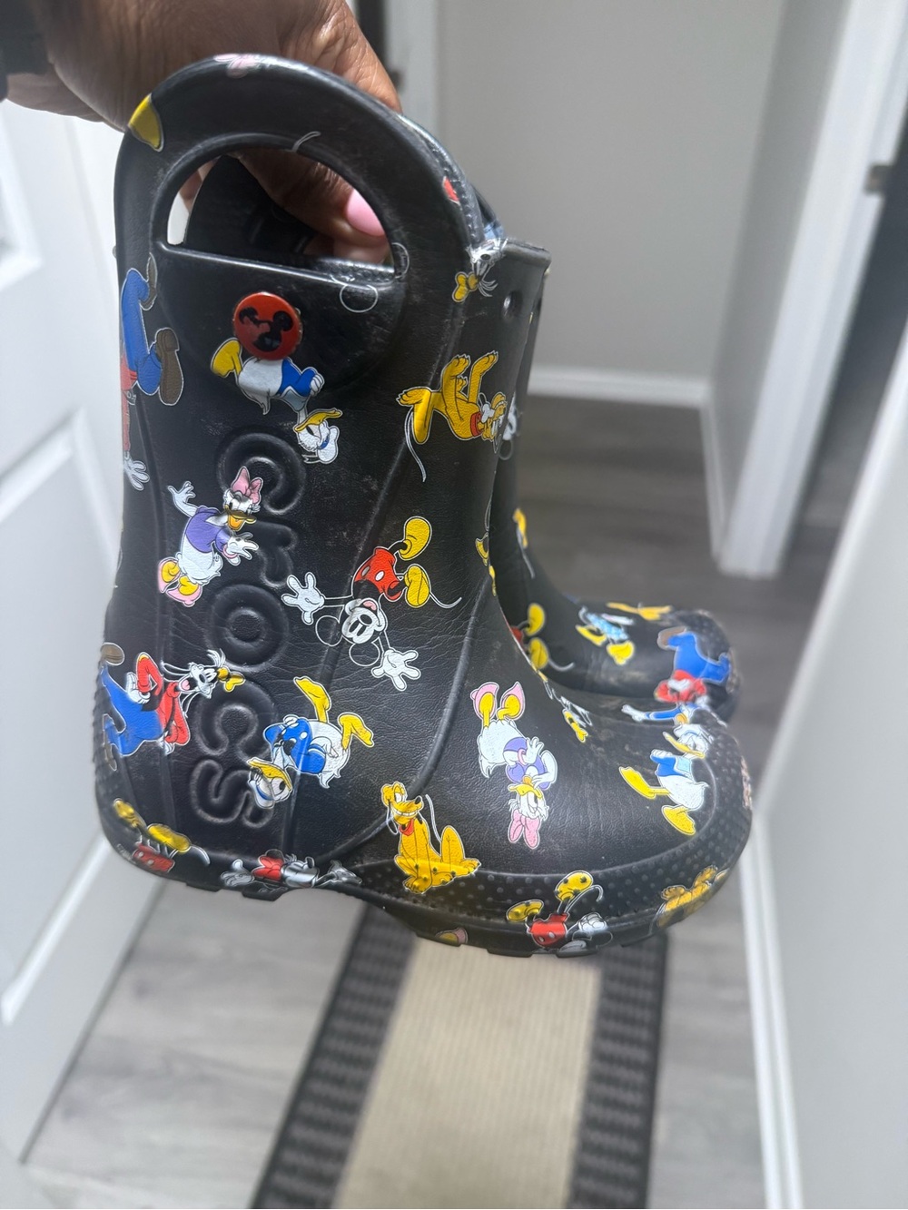 CROCS Kids Black Rain Boots with Colorful Cartoon Print